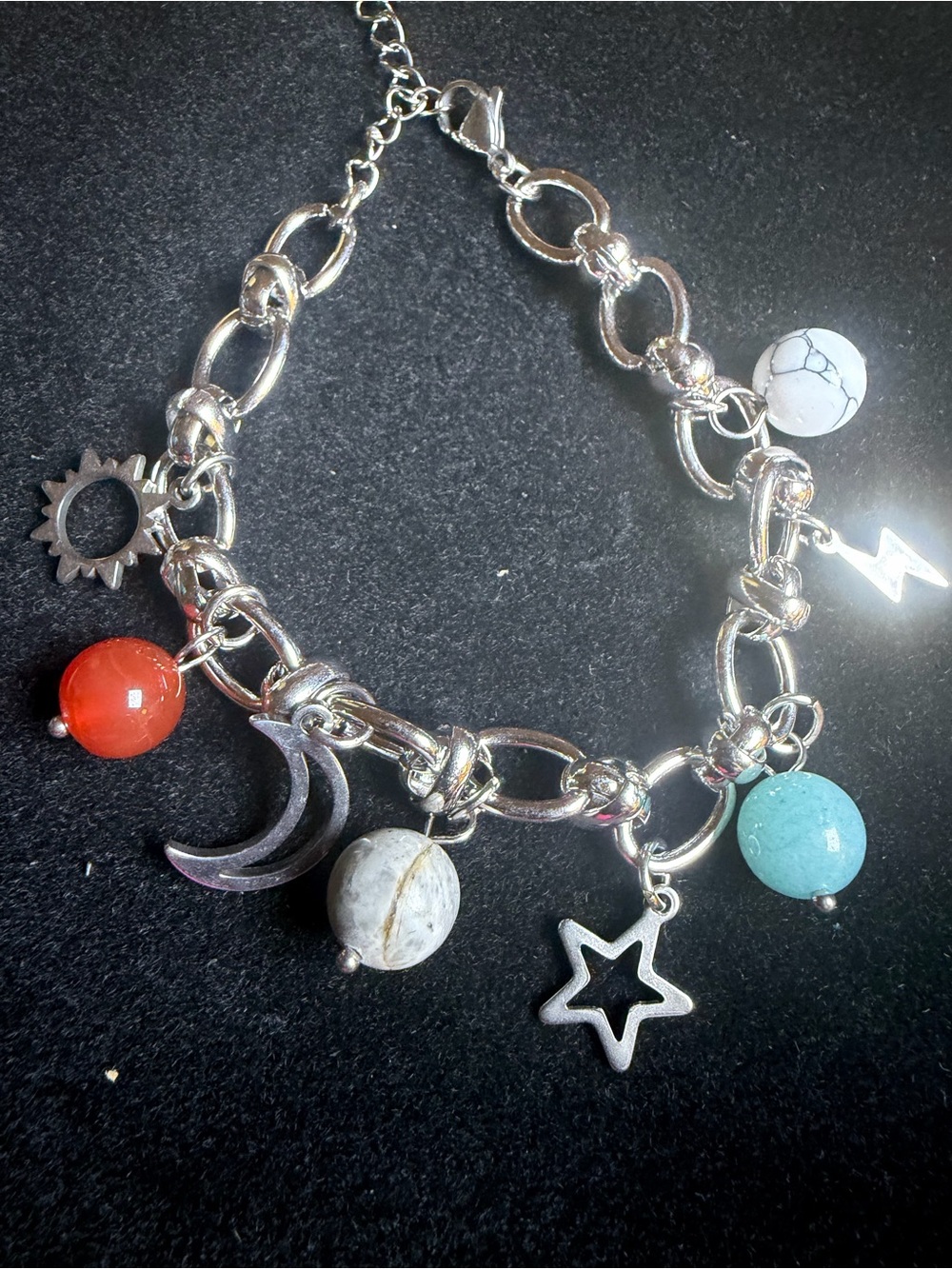 Source Unknown Silver Charm Bracelet with Red, White, Turquoise, and Gray Beads